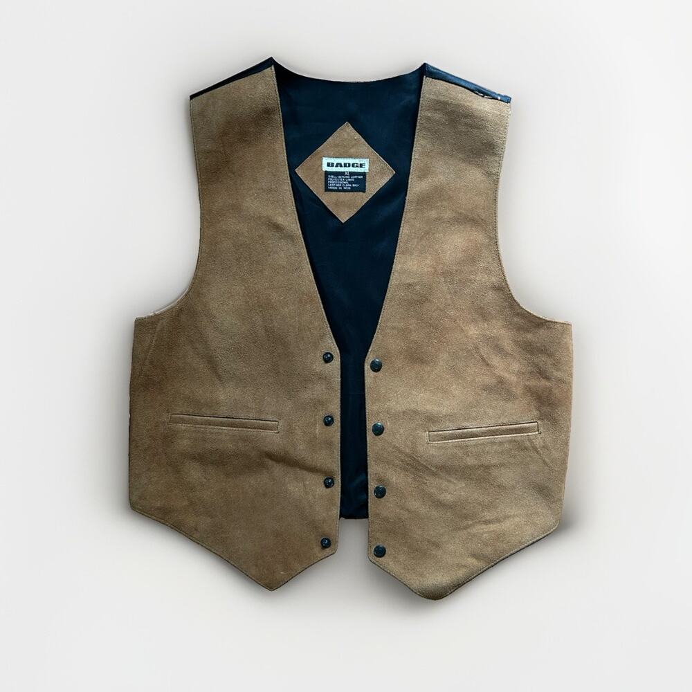 BADGE Suede Leather Vest Men's Size XL Tan Beige Western Cowboy Retro Biker VTG